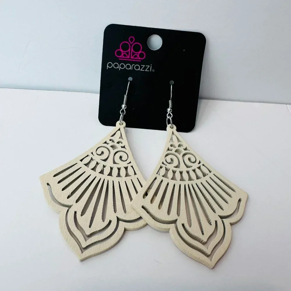Paparazzi Cream‎ Fan Cutout Earrings – Lightweight Boho Dangle Statement